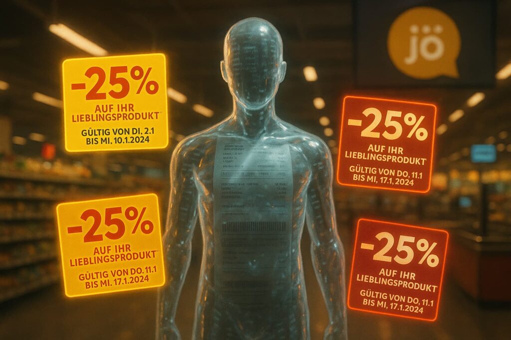 Futuristische Darstellung eines gläsernen Menschen im Supermarkt, umgeben von digitalen Rabatt-Pickerln mit „-25 %“-Aufdruck.